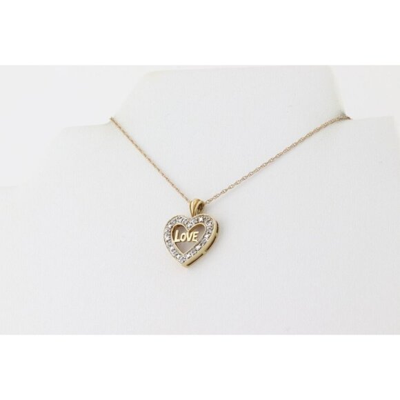10K Yellow Gold Diamond Love Heart Heart Necklace 18" Chain - Picture 5 of 8